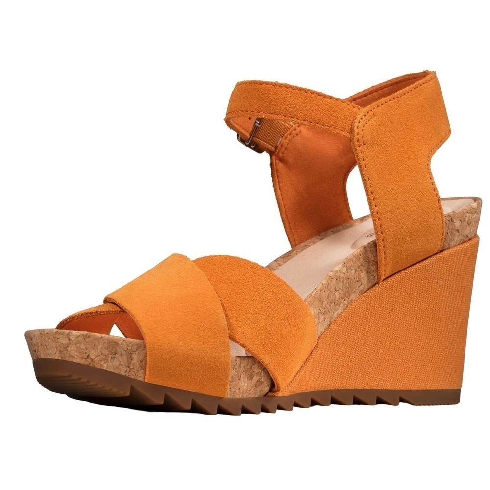 NWT Clarks Women's Flex Sun‎ Wedge Sandal, Amber Suede, sz 9W